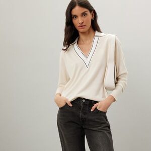 Sandro Alizia Varsity Preppy V- Neck Sweater in Ivory Cream Size 10